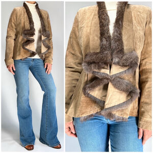 Neiman Marcus Womens Jacket Fur Trimmed Suede Jacket M Light Brown